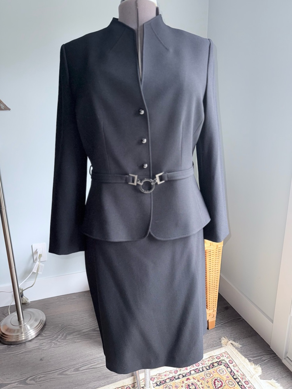 NWT Womens Black Tailored Belted Jacket and Skirt Suit